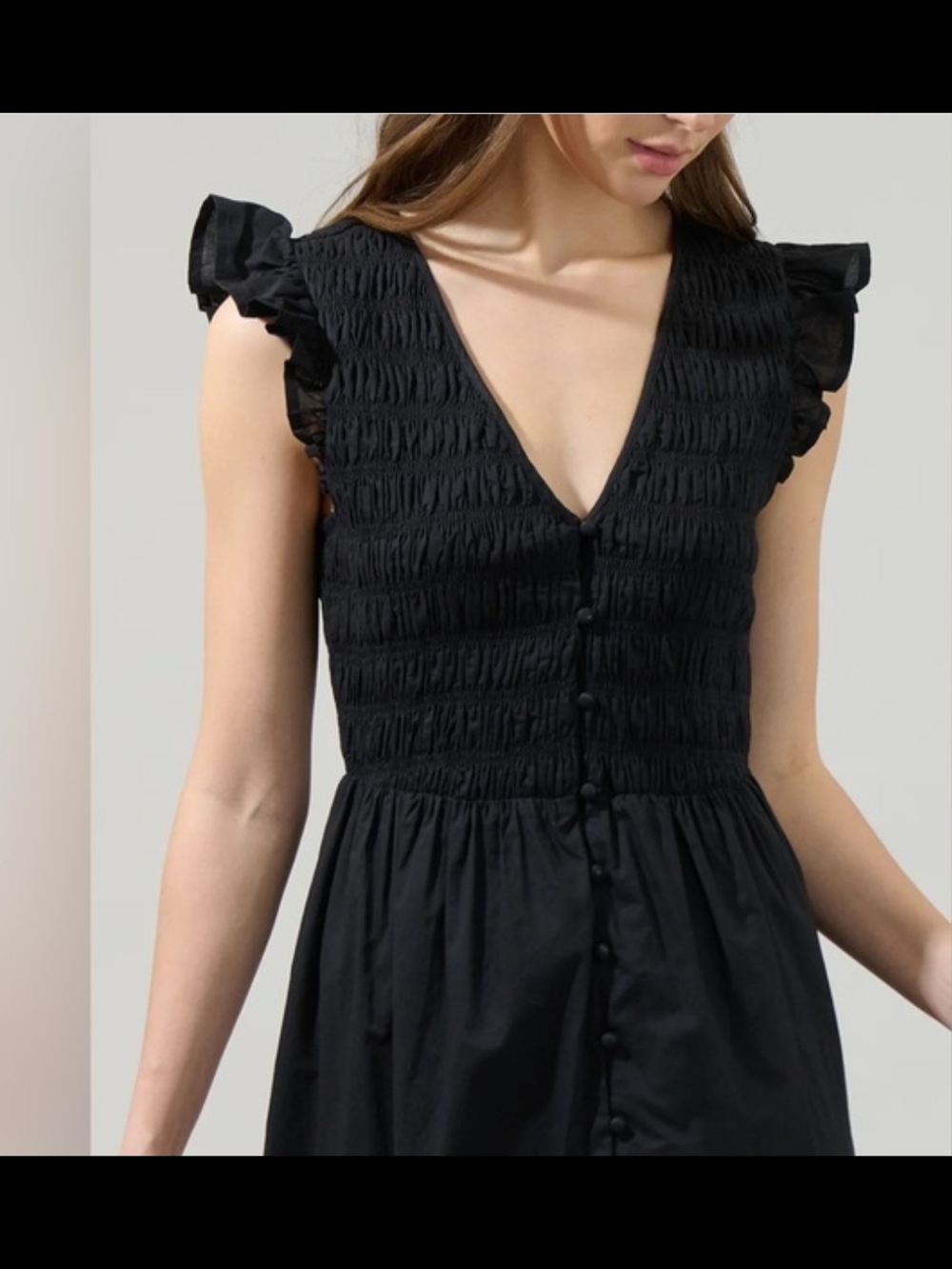 Anthropologie Black Smocked V-Neck Ruffle Sleeve Mini Dress